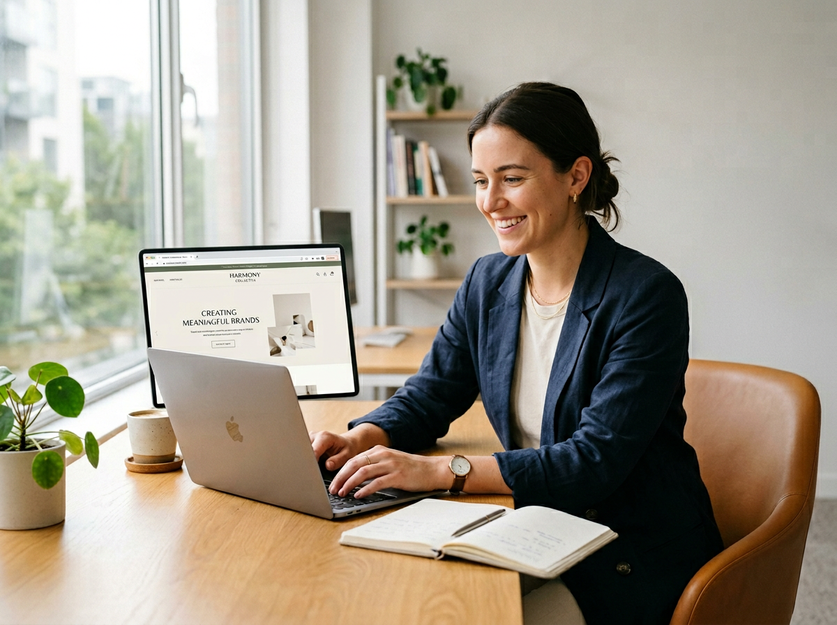 Entrepreneur reviewing a newly built business website on a laptop using an AI website builder